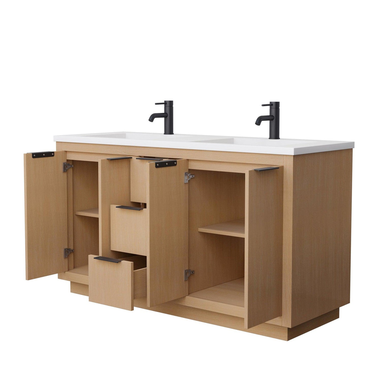 Wyndham Collection Maroni 60" Double Bathroom Vanity in Light Straw, 4" Thick Matte White Solid Surface Countertop, Integrated Sinks, Matte Black Trim