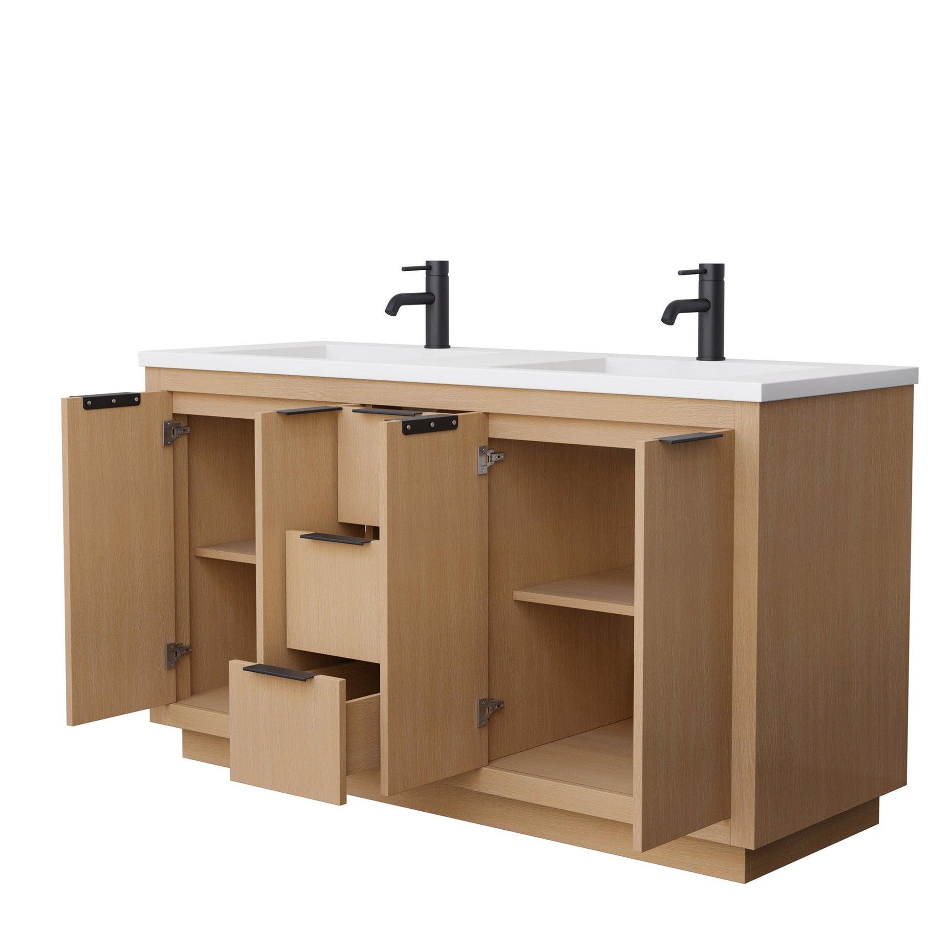 Wyndham Collection Maroni 60" Double Bathroom Vanity in Light Straw, 4" Thick Matte White Solid Surface Countertop, Integrated Sinks, Matte Black Trim