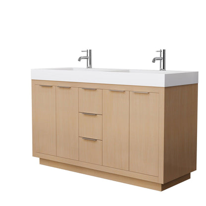 Wyndham Collection Maroni 60" Double Bathroom Vanity in Light Straw, 4" Thick Matte White Solid Surface Countertop, Integrated Sinks