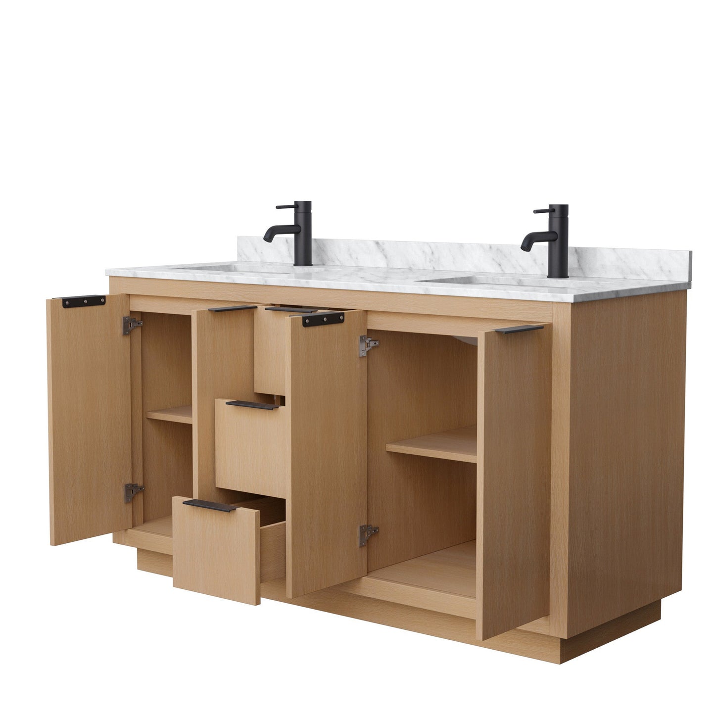 Wyndham Collection Maroni 60" Double Bathroom Vanity in Light Straw, White Carrara Marble Countertop, Undermount Square Sinks, Matte Black Trim