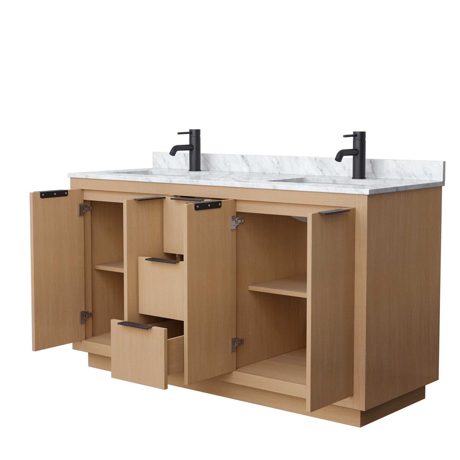 Wyndham Collection Maroni 60" Double Bathroom Vanity in Light Straw, White Carrara Marble Countertop, Undermount Square Sinks, Matte Black Trim
