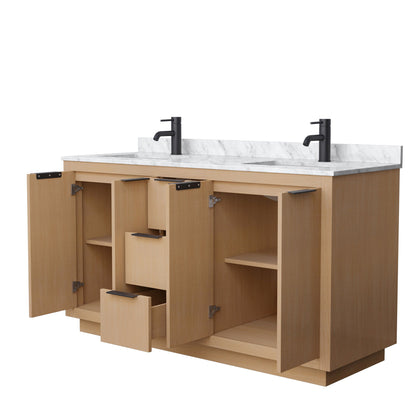 Wyndham Collection Maroni 60" Double Bathroom Vanity in Light Straw, White Carrara Marble Countertop, Undermount Square Sinks, Matte Black Trim