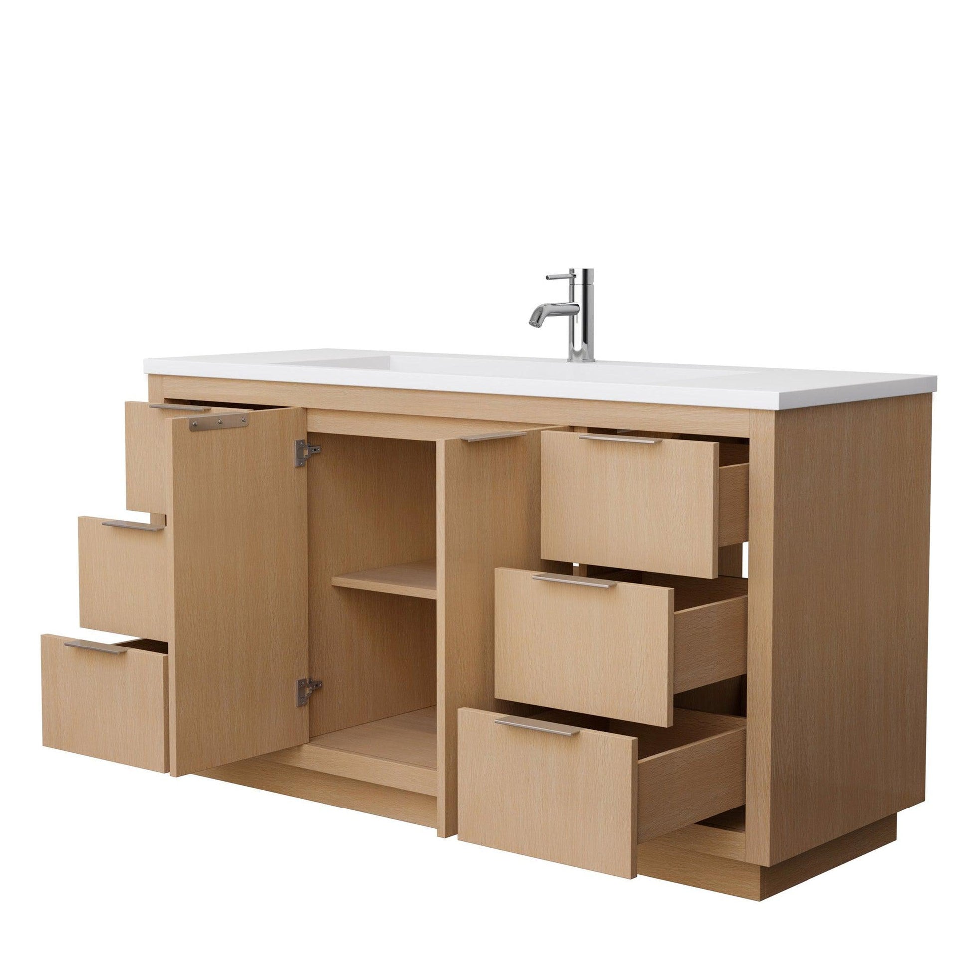Wyndham Collection Maroni 60" Single Bathroom Vanity in Light Straw, 1.25" Thick Matte White Solid Surface Countertop, Integrated Sink