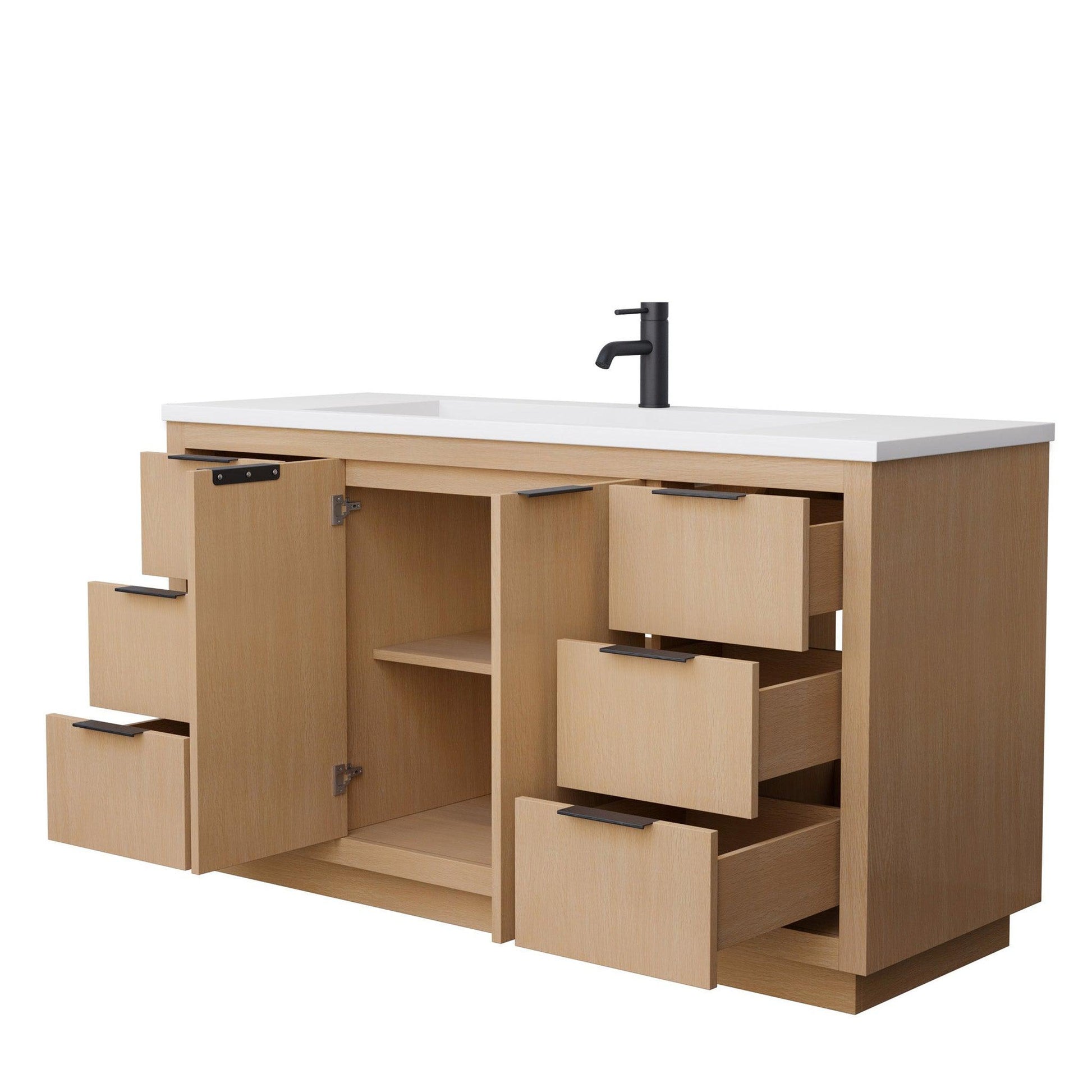 Wyndham Collection Maroni 60" Single Bathroom Vanity in Light Straw, 1.25" Thick Matte White Solid Surface Countertop, Integrated Sink, Matte Black Trim