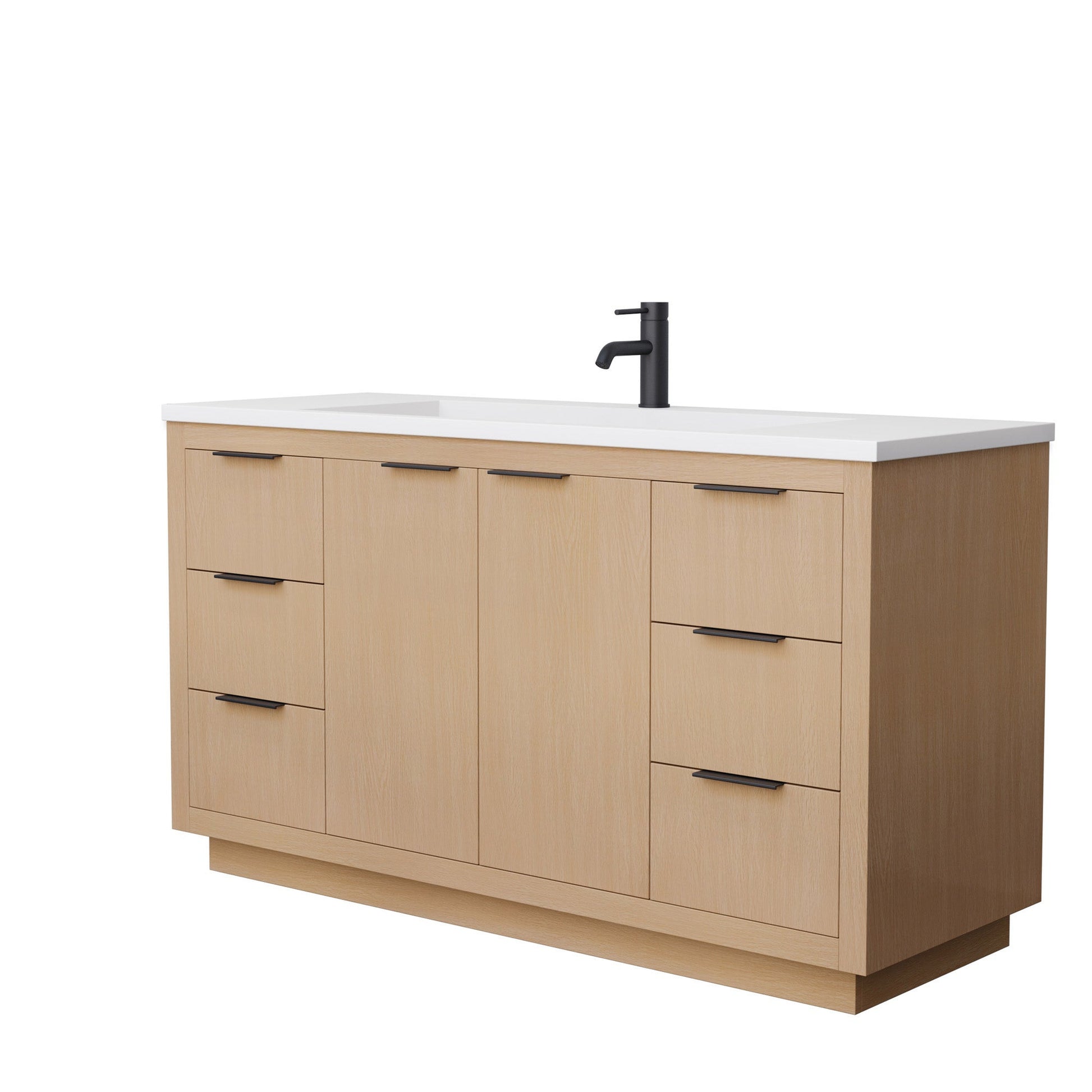 Wyndham Collection Maroni 60" Single Bathroom Vanity in Light Straw, 1.25" Thick Matte White Solid Surface Countertop, Integrated Sink, Matte Black Trim