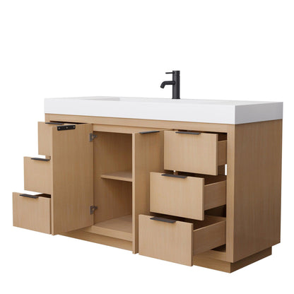 Wyndham Collection Maroni 60" Single Bathroom Vanity in Light Straw, 4" Thick Matte White Solid Surface Countertop, Integrated Sink, Matte Black Trim