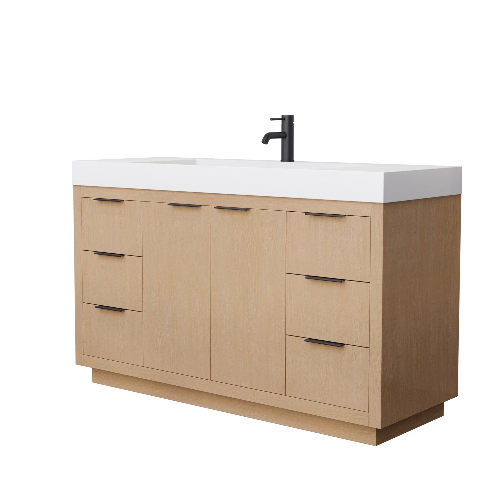 Wyndham Collection Maroni 60" Single Bathroom Vanity in Light Straw, 4" Thick Matte White Solid Surface Countertop, Integrated Sink, Matte Black Trim