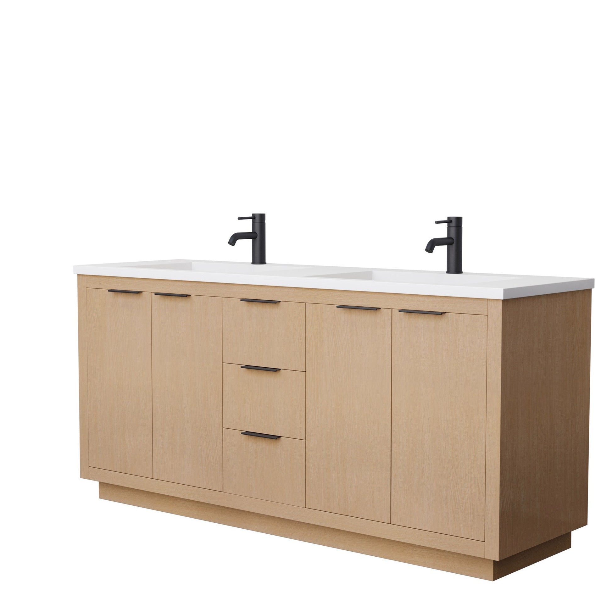 Wyndham Collection Maroni 72" Double Bathroom Vanity in Light Straw, 1.25" Thick Matte White Solid Surface Countertop, Integrated Sinks, Matte Black Trim