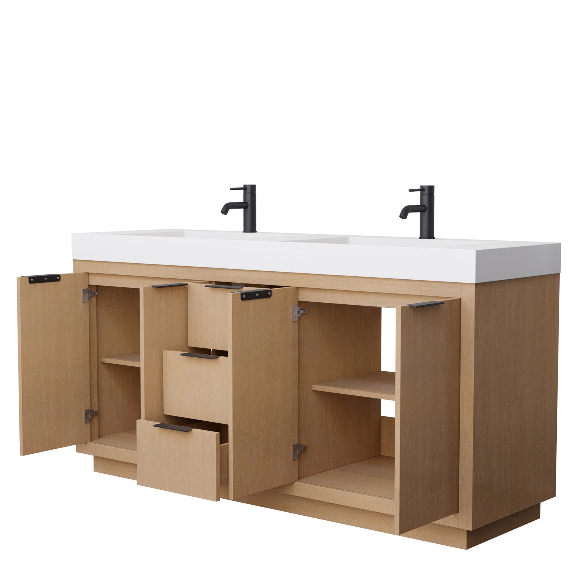 Wyndham Collection Maroni 72" Double Bathroom Vanity in Light Straw, 4" Thick Matte White Solid Surface Countertop, Integrated Sinks, Matte Black Trim