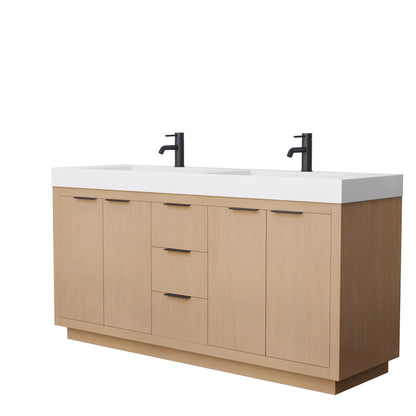 Wyndham Collection Maroni 72" Double Bathroom Vanity in Light Straw, 4" Thick Matte White Solid Surface Countertop, Integrated Sinks, Matte Black Trim