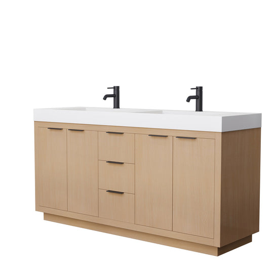 Wyndham Collection Maroni 72" Double Bathroom Vanity in Light Straw, 4" Thick Matte White Solid Surface Countertop, Integrated Sinks, Matte Black Trim