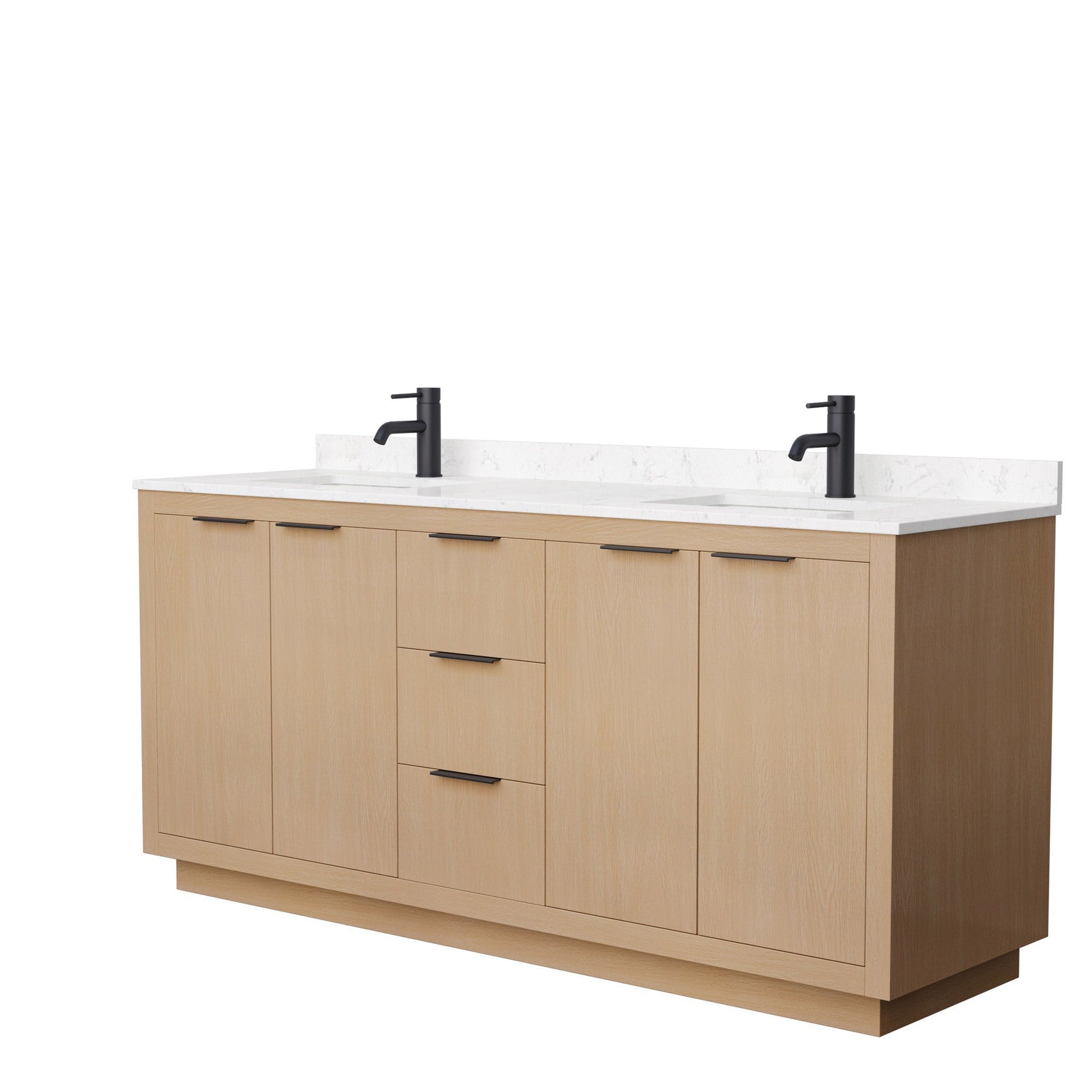 Wyndham Collection Maroni 72" Double Bathroom Vanity in Light Straw, Light-Vein Carrara Cultured Marble Countertop, Undermount Square Sinks, Matte Black Trim