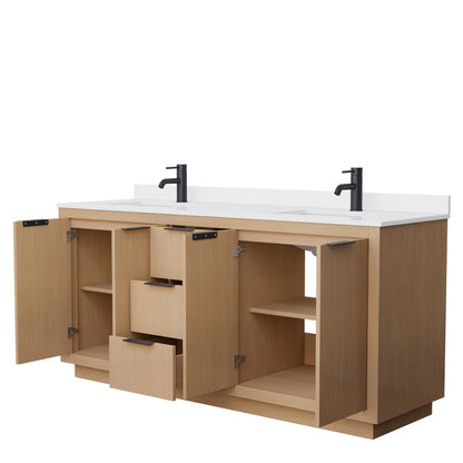 Wyndham Collection Maroni 72" Double Bathroom Vanity in Light Straw, White Cultured Marble Countertop, Undermount Square Sinks, Matte Black Trim