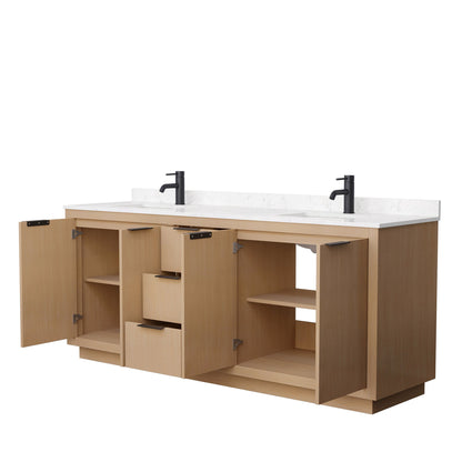 Wyndham Collection Maroni 80" Double Bathroom Vanity in Light Straw, Light-Vein Carrara Cultured Marble Countertop, Undermount Square Sinks, Matte Black Trim