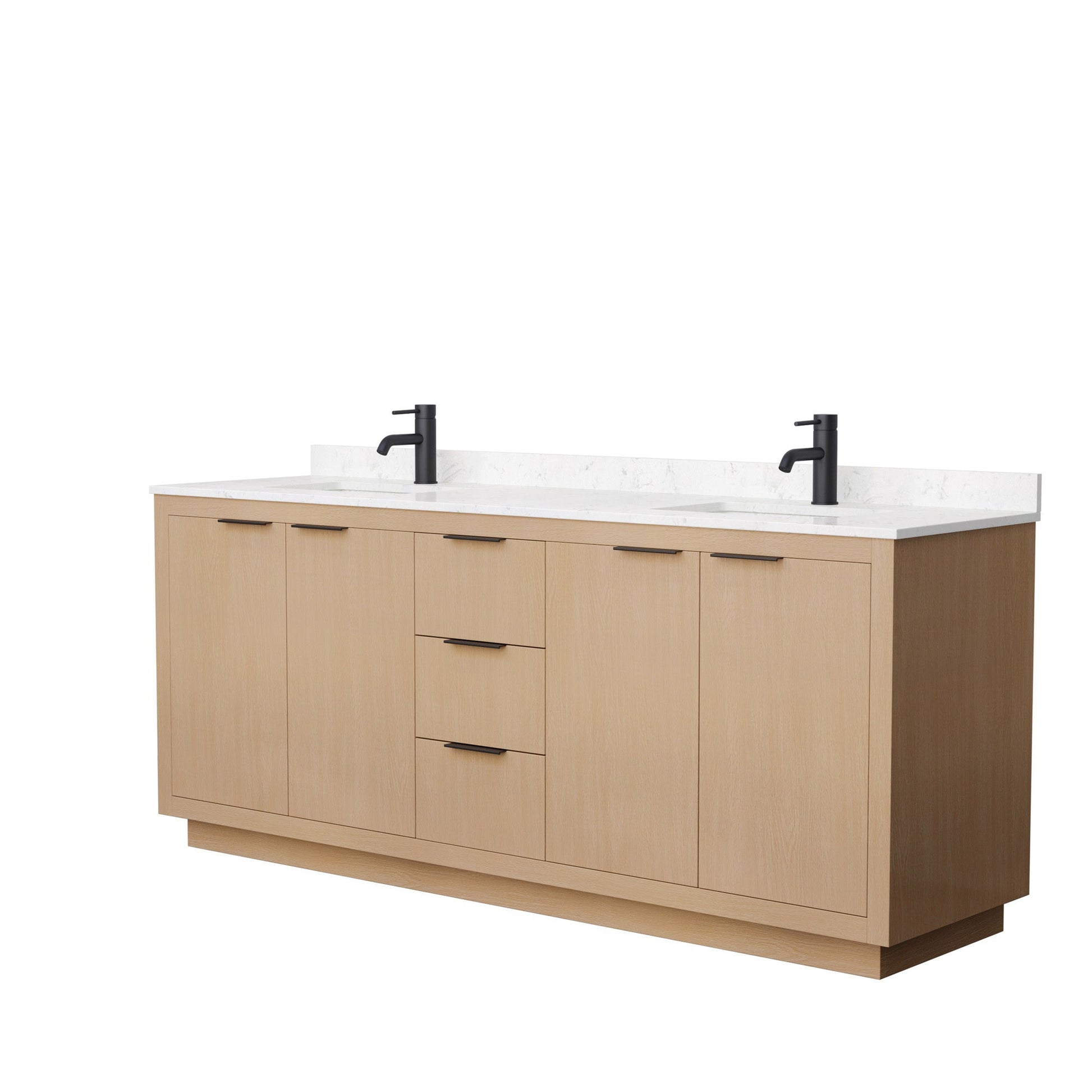 Wyndham Collection Maroni 80" Double Bathroom Vanity in Light Straw, Light-Vein Carrara Cultured Marble Countertop, Undermount Square Sinks, Matte Black Trim