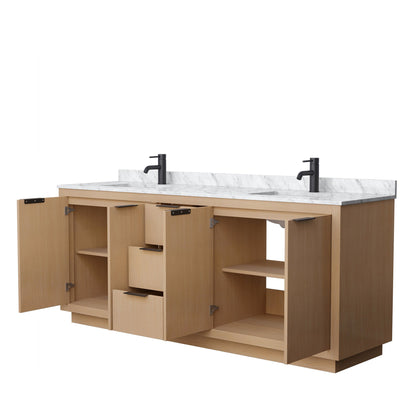 Wyndham Collection Maroni 80" Double Bathroom Vanity in Light Straw, White Carrara Marble Countertop, Undermount Square Sinks, Matte Black Trim