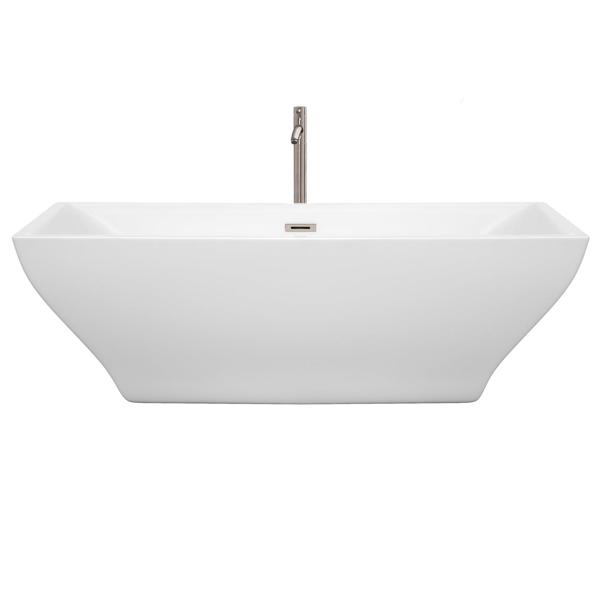 Wyndham Collection Maryam 71" Freestanding Bathtub in White With Floor Mounted Faucet, Drain and Overflow Trim in Brushed Nickel