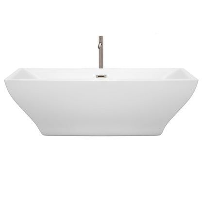 Wyndham Collection Maryam 71" Freestanding Bathtub in White With Floor Mounted Faucet, Drain and Overflow Trim in Brushed Nickel