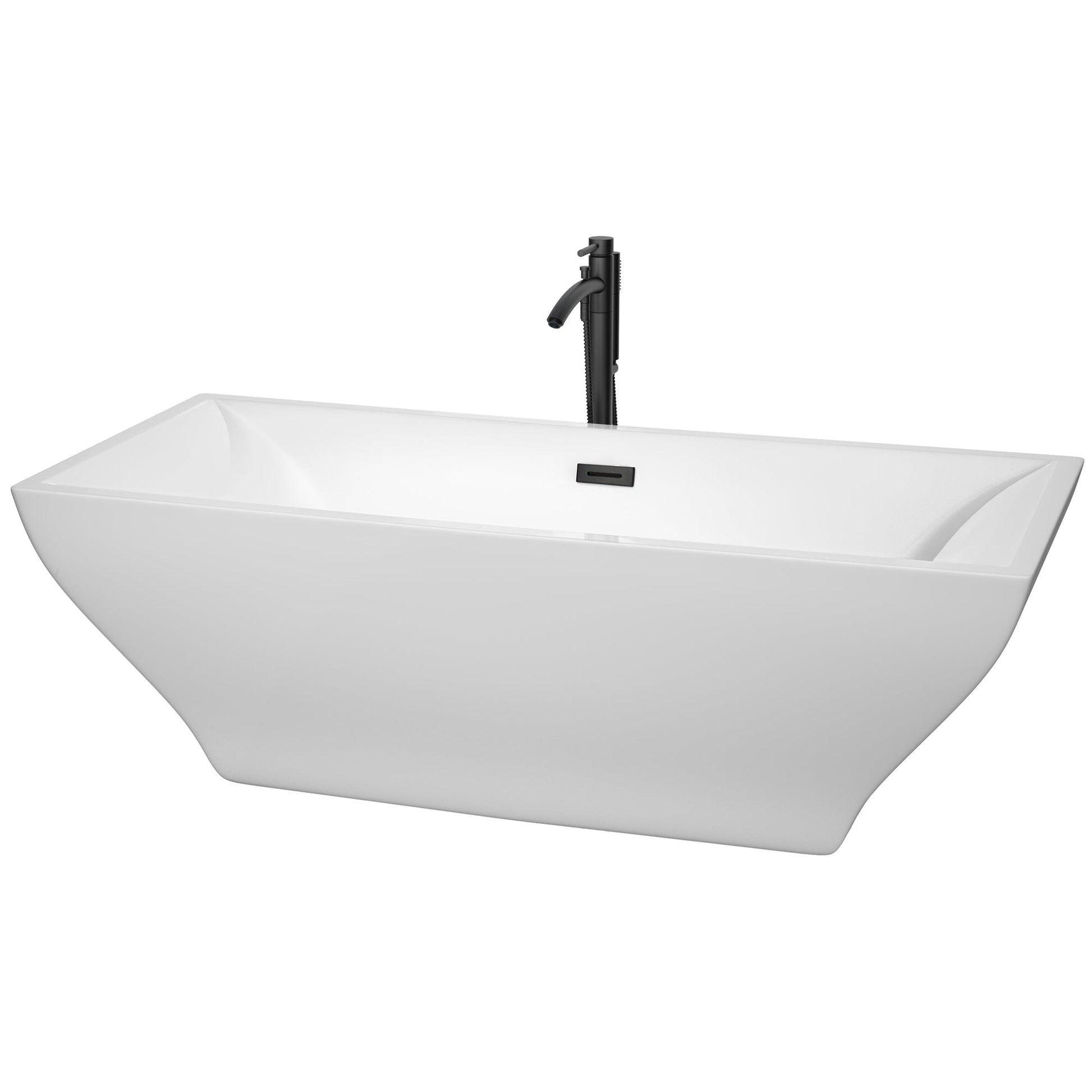 Wyndham Collection Maryam 71" Freestanding Bathtub in White With Floor Mounted Faucet, Drain and Overflow Trim in Matte Black