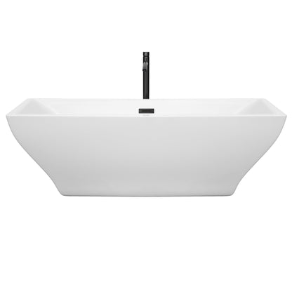 Wyndham Collection Maryam 71" Freestanding Bathtub in White With Floor Mounted Faucet, Drain and Overflow Trim in Matte Black