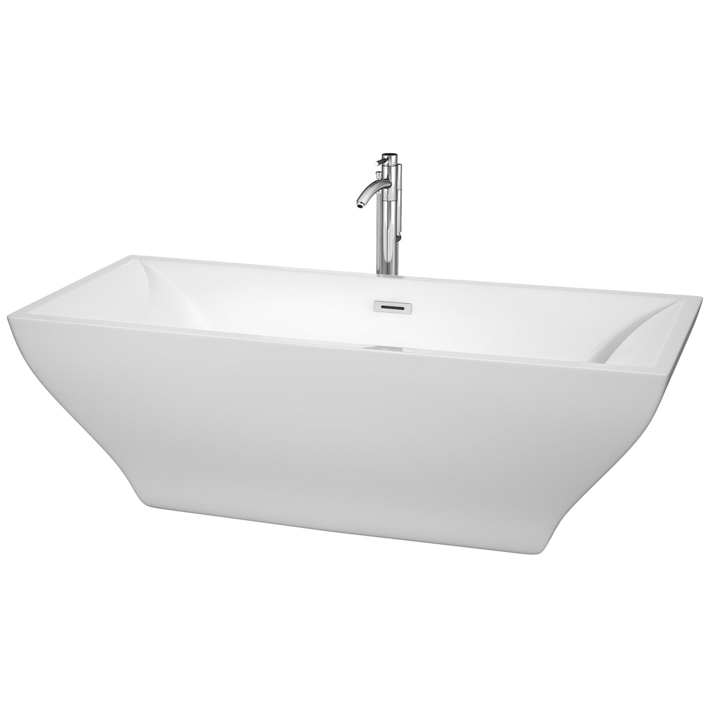 Wyndham Collection Maryam 71" Freestanding Bathtub in White With Floor Mounted Faucet, Drain and Overflow Trim in Polished Chrome