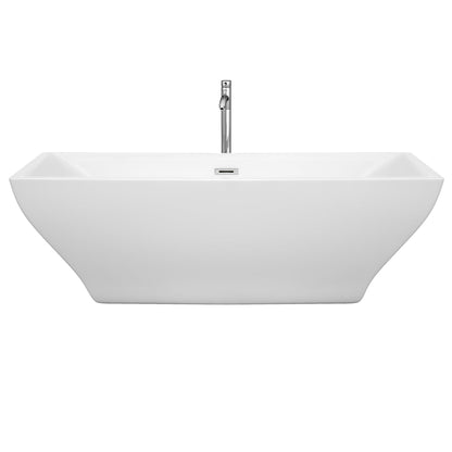 Wyndham Collection Maryam 71" Freestanding Bathtub in White With Floor Mounted Faucet, Drain and Overflow Trim in Polished Chrome