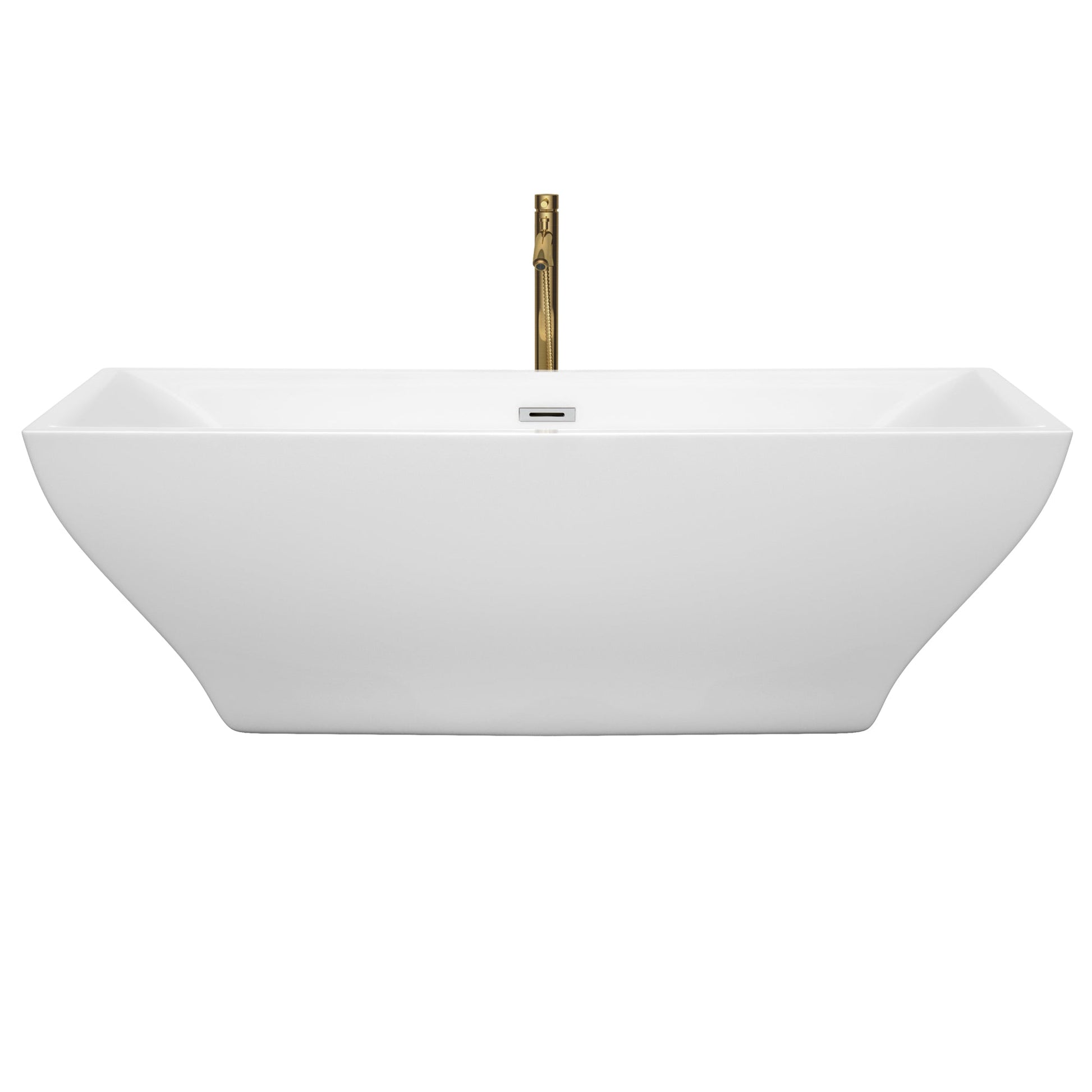 Wyndham Collection Maryam 71" Freestanding Bathtub in White With Polished Chrome Trim and Floor Mounted Faucet in Brushed Gold