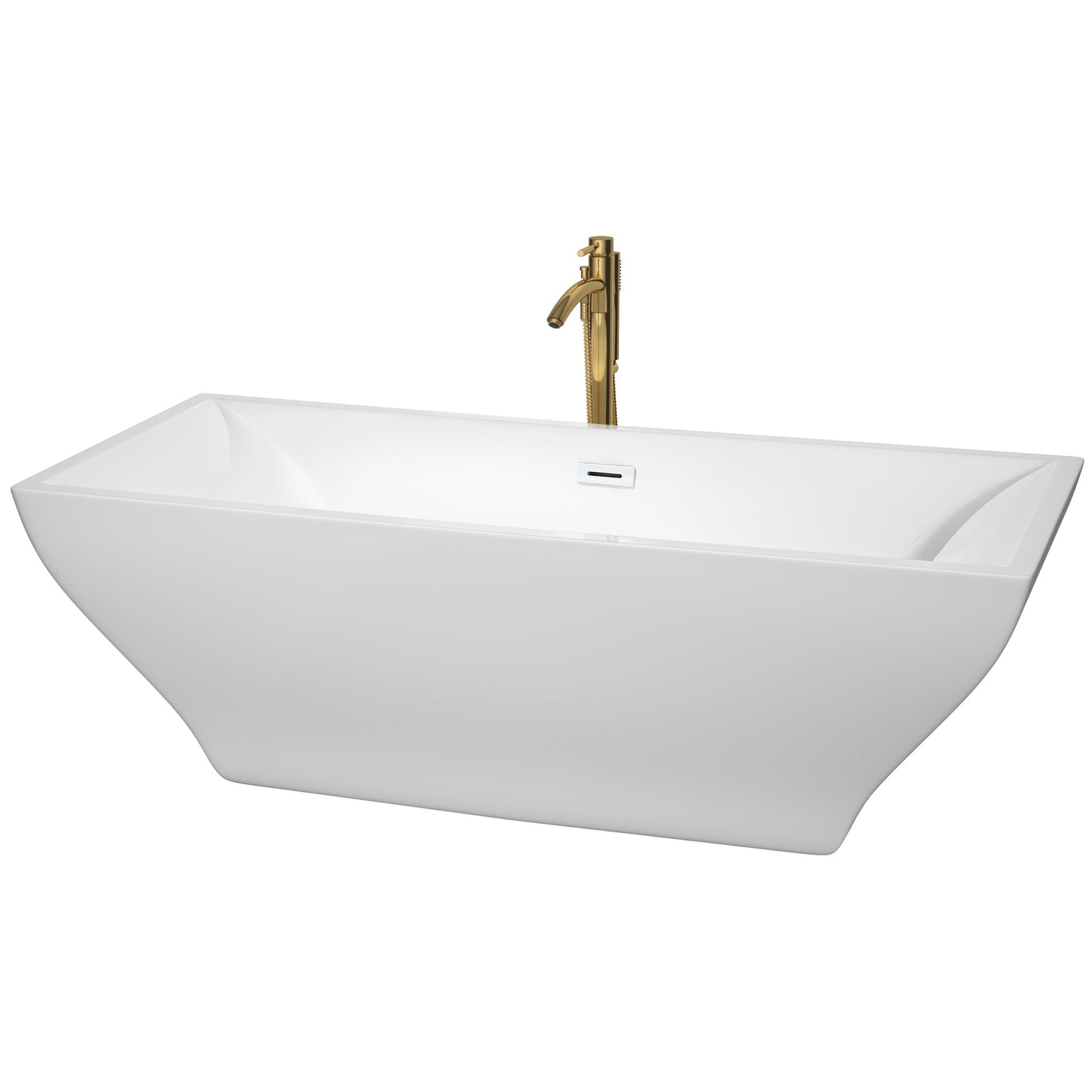 Wyndham Collection Maryam 71" Freestanding Bathtub in White With Shiny White Trim and Floor Mounted Faucet in Brushed Gold