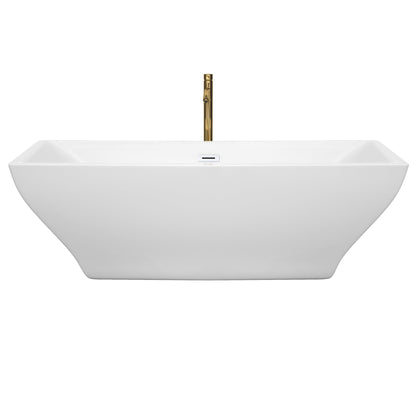 Wyndham Collection Maryam 71" Freestanding Bathtub in White With Shiny White Trim and Floor Mounted Faucet in Brushed Gold