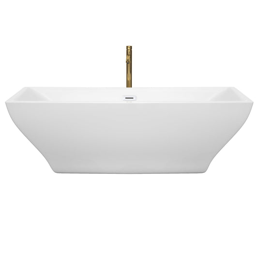 Wyndham Collection Maryam 71" Freestanding Bathtub in White With Shiny White Trim and Floor Mounted Faucet in Brushed Gold