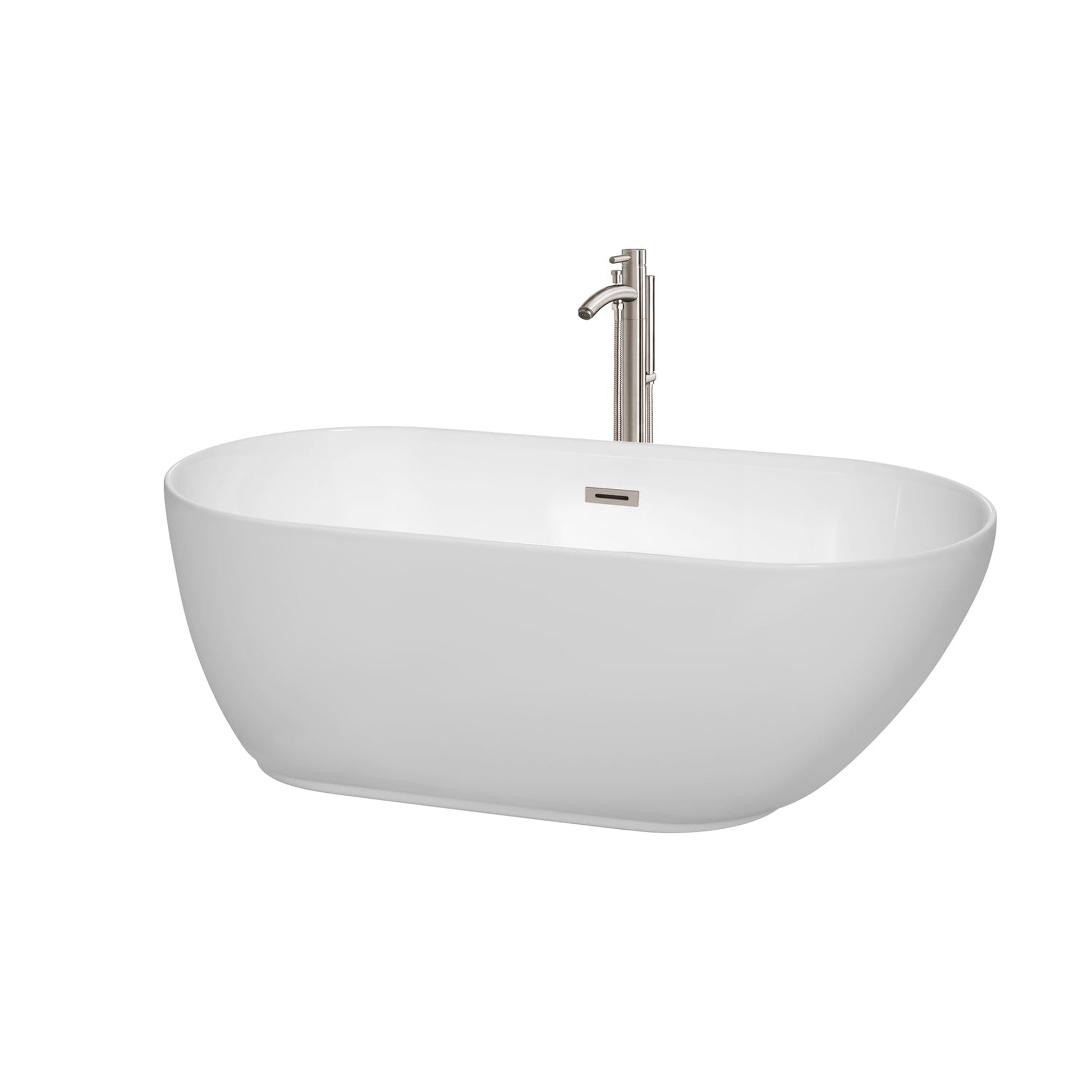 Wyndham Collection Melissa 60" Freestanding Bathtub in White With Floor Mounted Faucet, Drain and Overflow Trim in Brushed Nickel