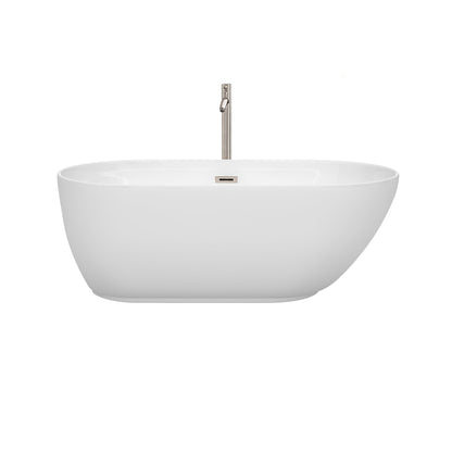 Wyndham Collection Melissa 60" Freestanding Bathtub in White With Floor Mounted Faucet, Drain and Overflow Trim in Brushed Nickel