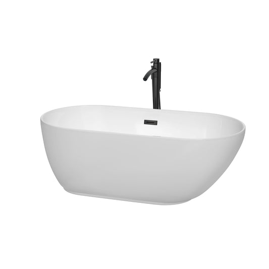 Wyndham Collection Melissa 60" Freestanding Bathtub in White With Floor Mounted Faucet, Drain and Overflow Trim in Matte Black