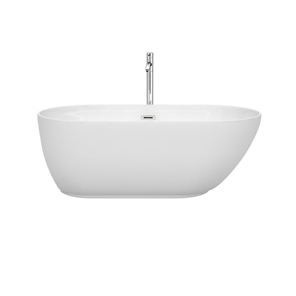 Wyndham Collection Melissa 60" Freestanding Bathtub in White With Floor Mounted Faucet, Drain and Overflow Trim in Polished Chrome