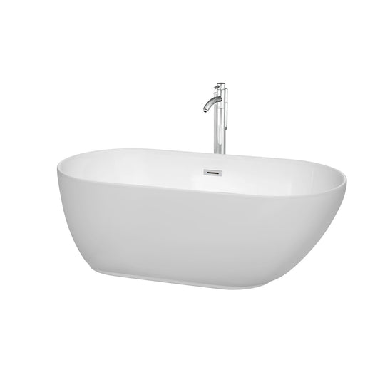 Wyndham Collection Melissa 60" Freestanding Bathtub in White With Floor Mounted Faucet, Drain and Overflow Trim in Polished Chrome