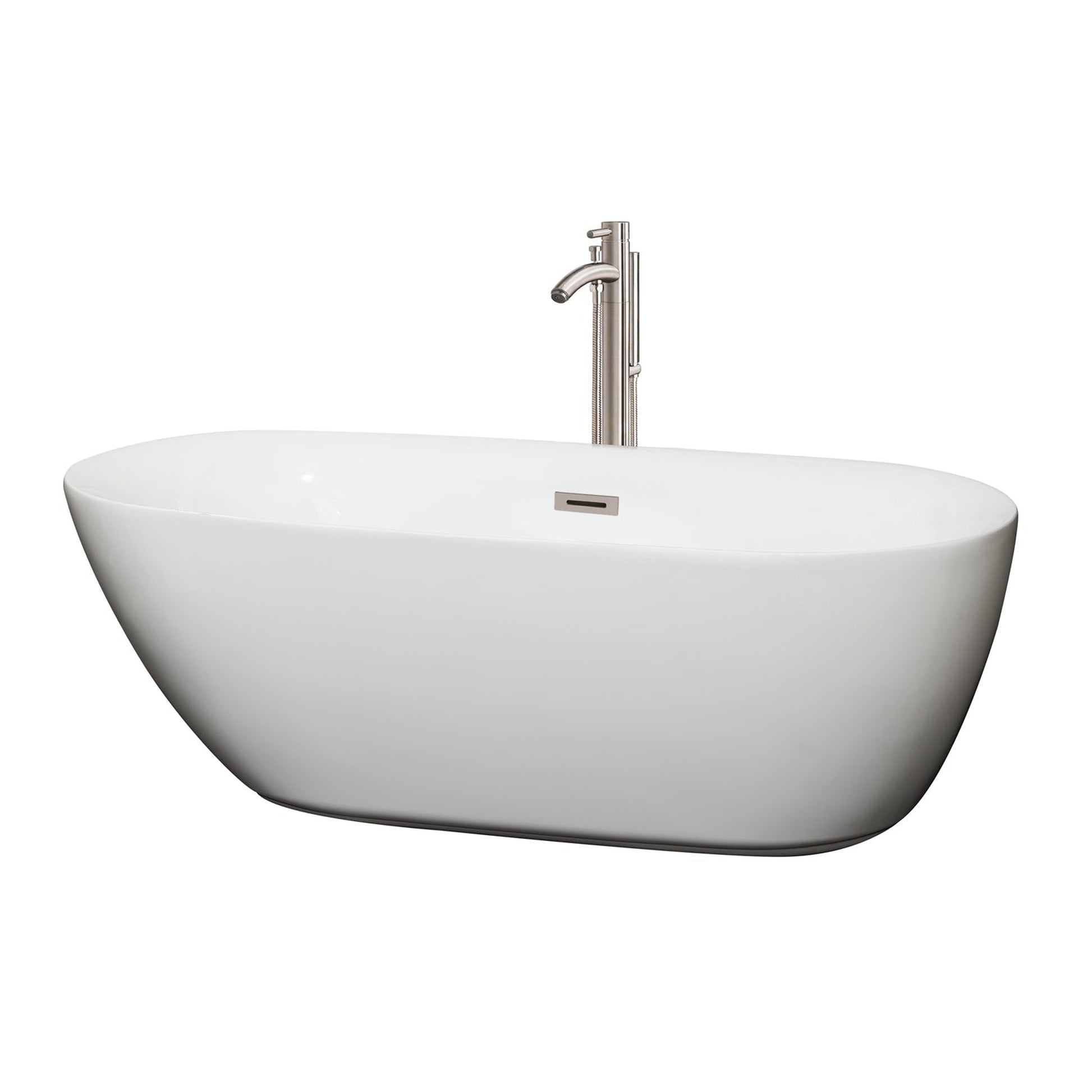 Wyndham Collection Melissa 65" Freestanding Bathtub in White With Floor Mounted Faucet, Drain and Overflow Trim in Brushed Nickel