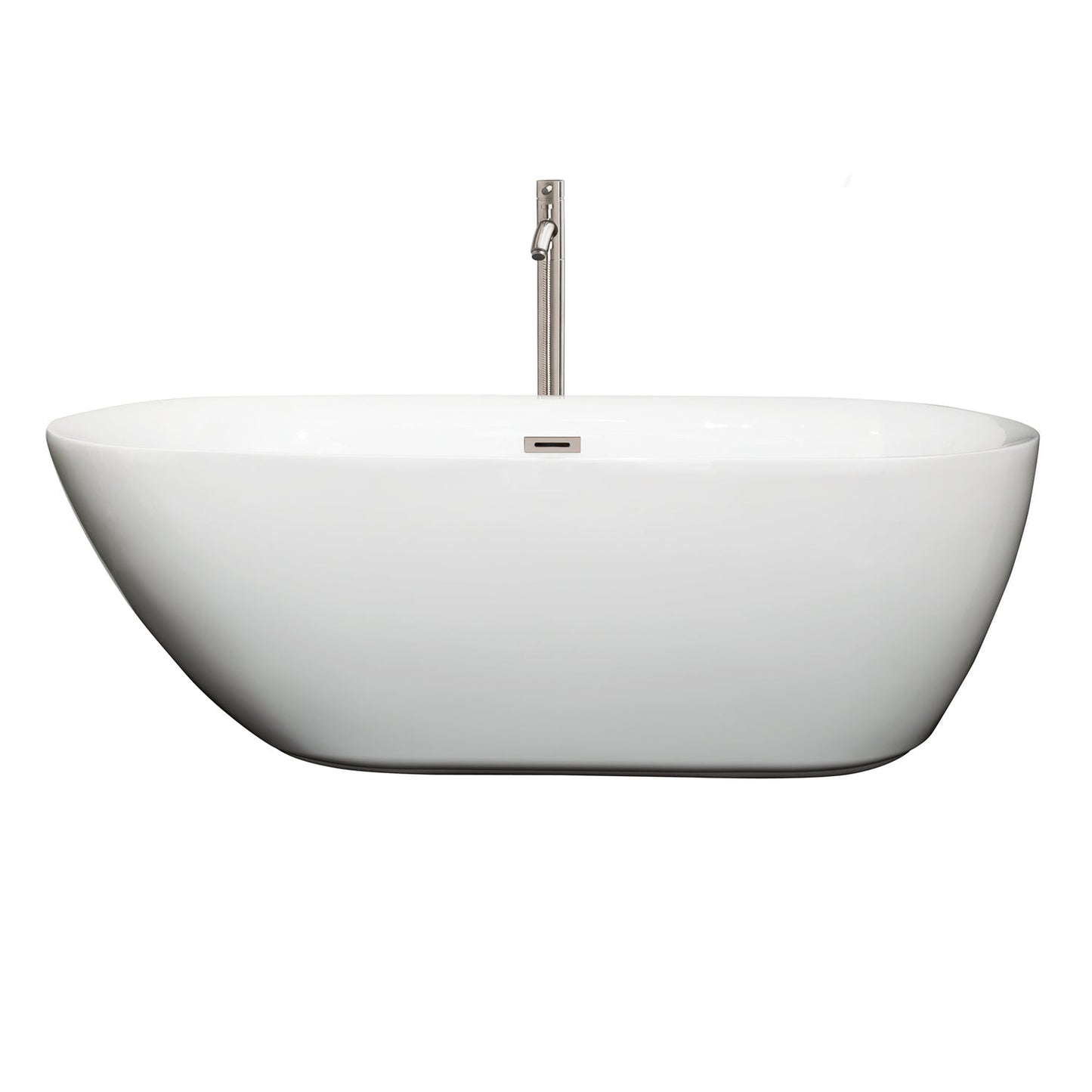 Wyndham Collection Melissa 65" Freestanding Bathtub in White With Floor Mounted Faucet, Drain and Overflow Trim in Brushed Nickel