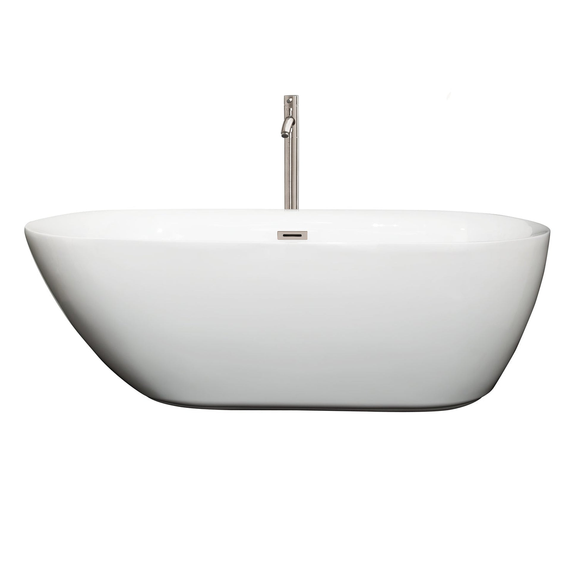 Wyndham Collection Melissa 65" Freestanding Bathtub in White With Floor Mounted Faucet, Drain and Overflow Trim in Brushed Nickel