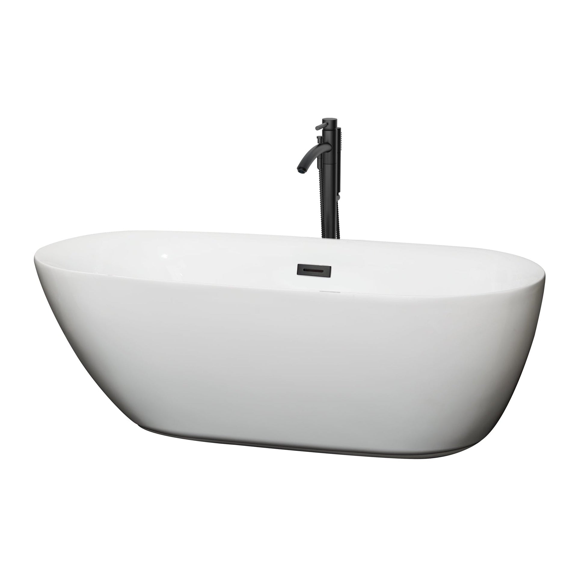 Wyndham Collection Melissa 65" Freestanding Bathtub in White With Floor Mounted Faucet, Drain and Overflow Trim in Matte Black