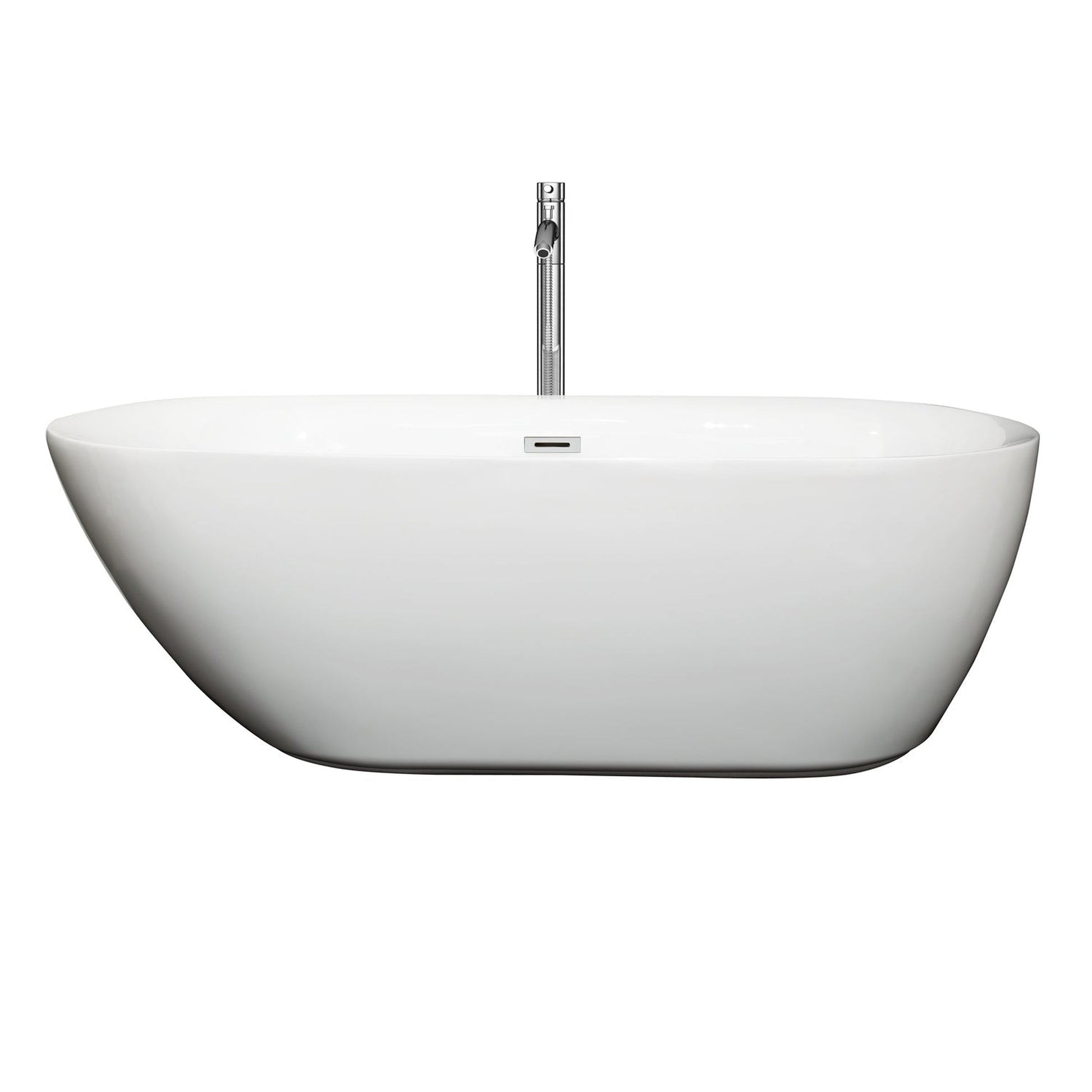 Wyndham Collection Melissa 65" Freestanding Bathtub in White With Floor Mounted Faucet, Drain and Overflow Trim in Polished Chrome