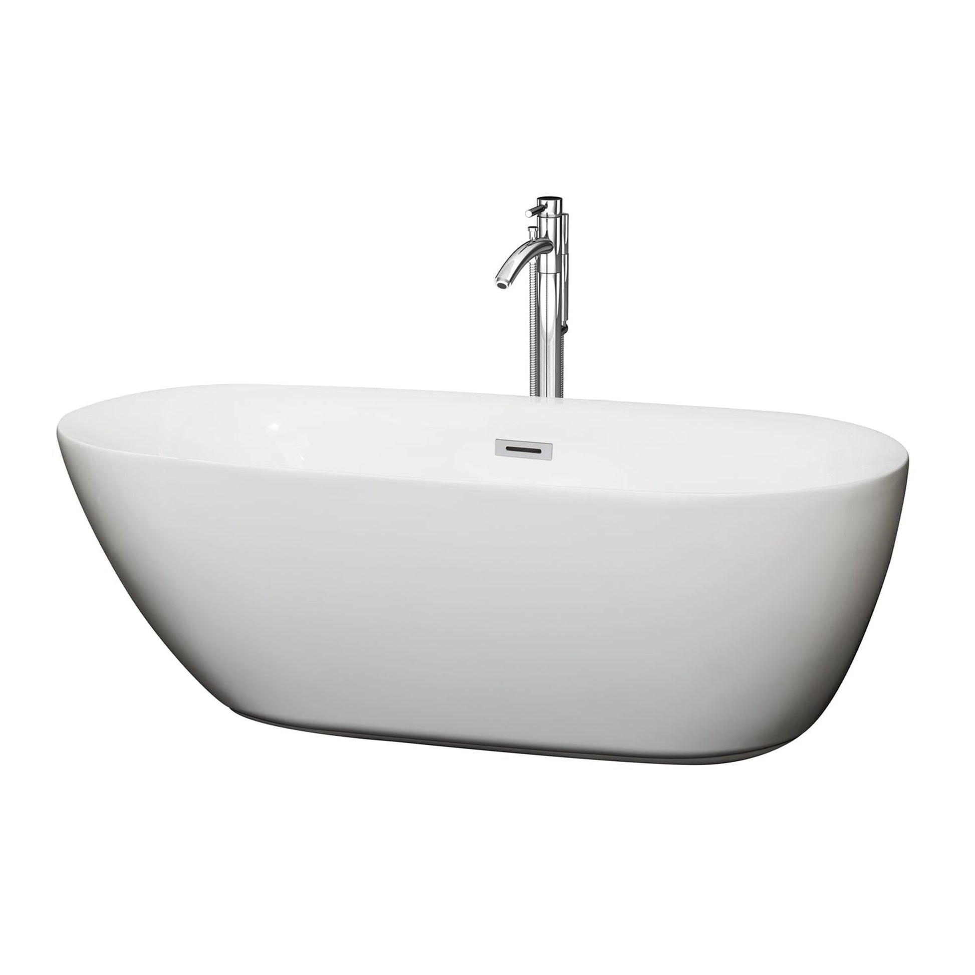 Wyndham Collection Melissa 65" Freestanding Bathtub in White With Floor Mounted Faucet, Drain and Overflow Trim in Polished Chrome