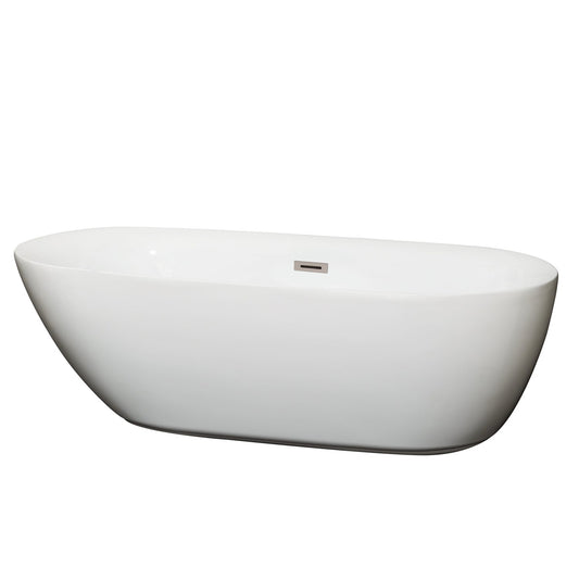 Wyndham Collection Melissa 71" Freestanding Bathtub in White With Brushed Nickel Drain and Overflow Trim