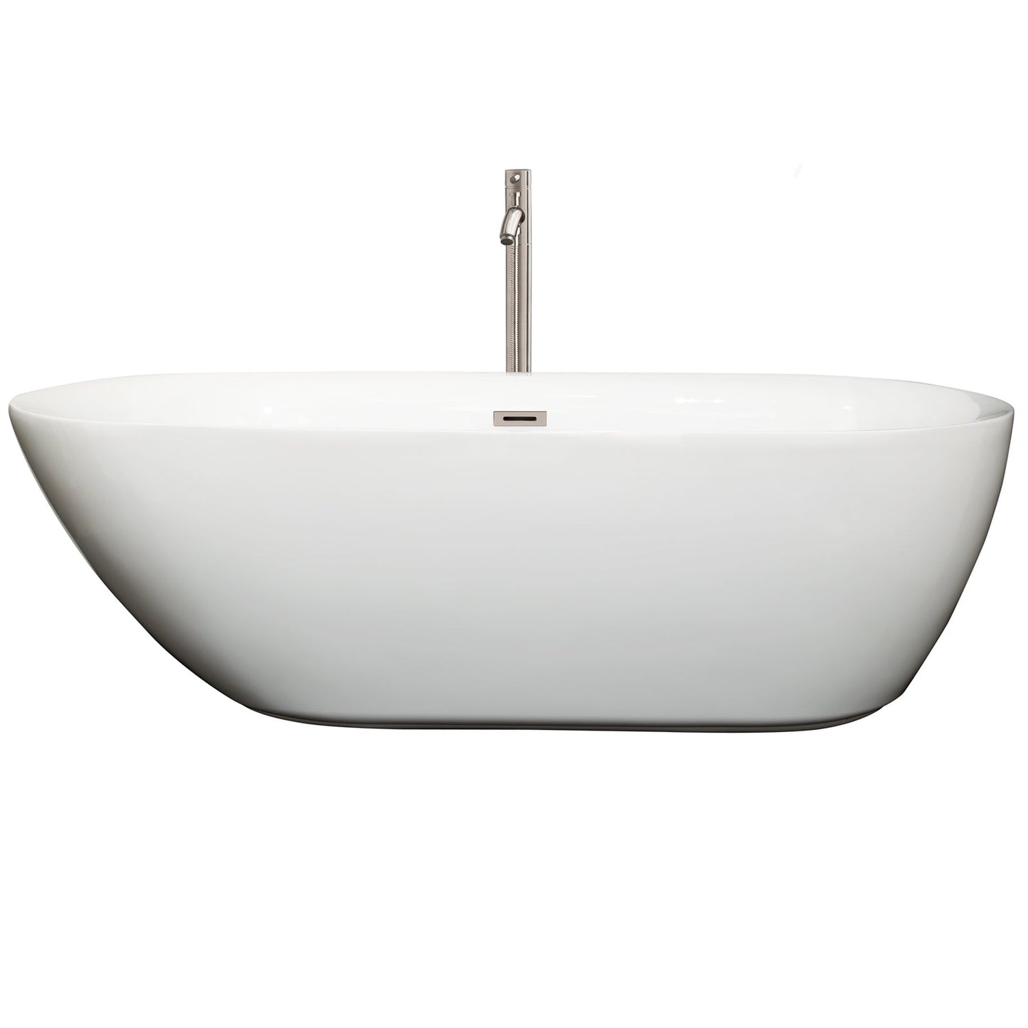 Wyndham Collection Melissa 71" Freestanding Bathtub in White With Floor Mounted Faucet, Drain and Overflow Trim in Brushed Nickel