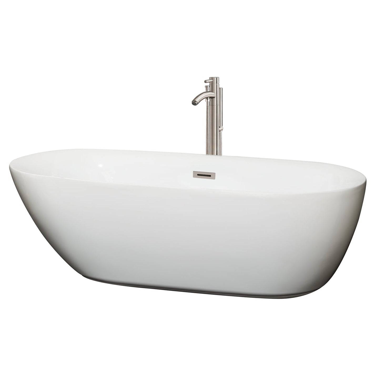 Wyndham Collection Melissa 71" Freestanding Bathtub in White With Floor Mounted Faucet, Drain and Overflow Trim in Brushed Nickel