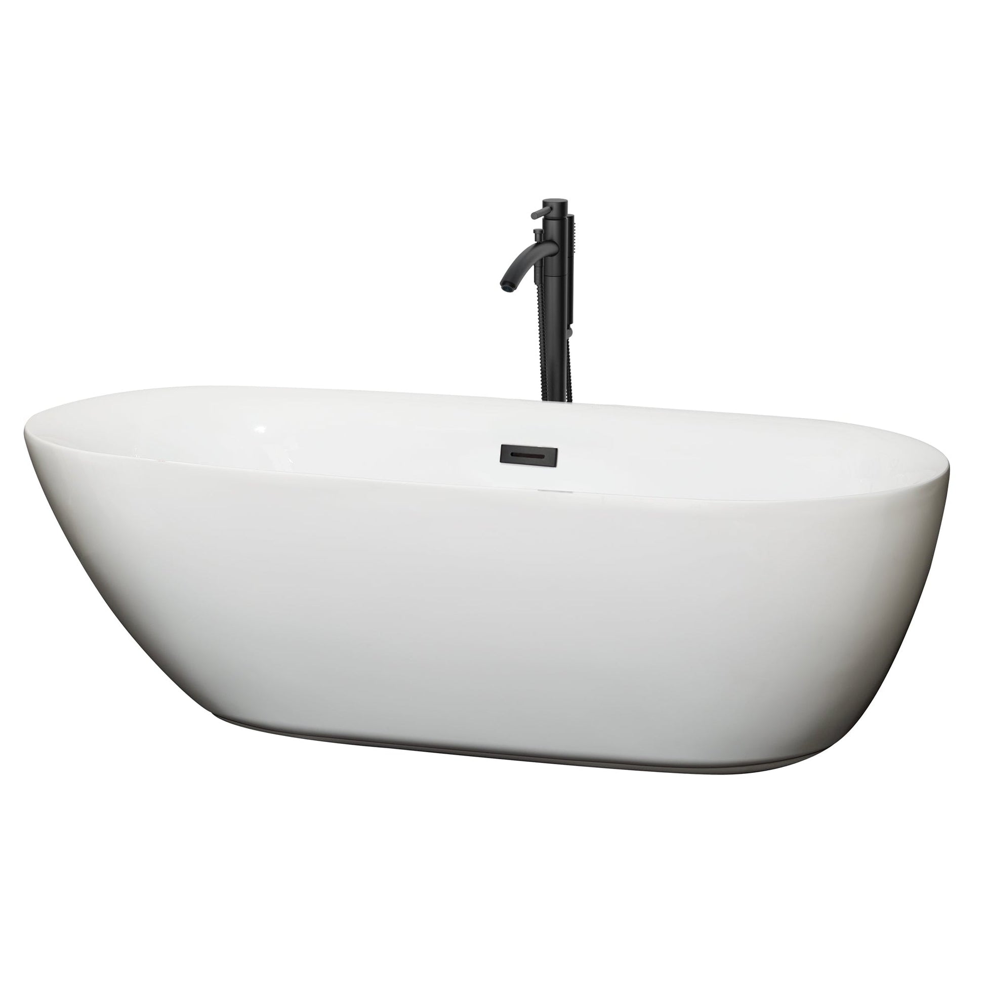 Wyndham Collection Melissa 71" Freestanding Bathtub in White With Floor Mounted Faucet, Drain and Overflow Trim in Matte Black