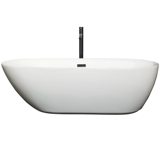 Wyndham Collection Melissa 71" Freestanding Bathtub in White With Floor Mounted Faucet, Drain and Overflow Trim in Matte Black