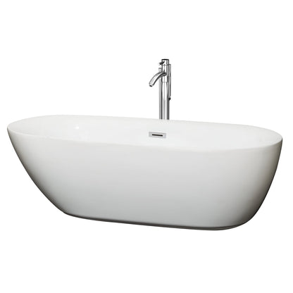 Wyndham Collection Melissa 71" Freestanding Bathtub in White With Floor Mounted Faucet, Drain and Overflow Trim in Polished Chrome