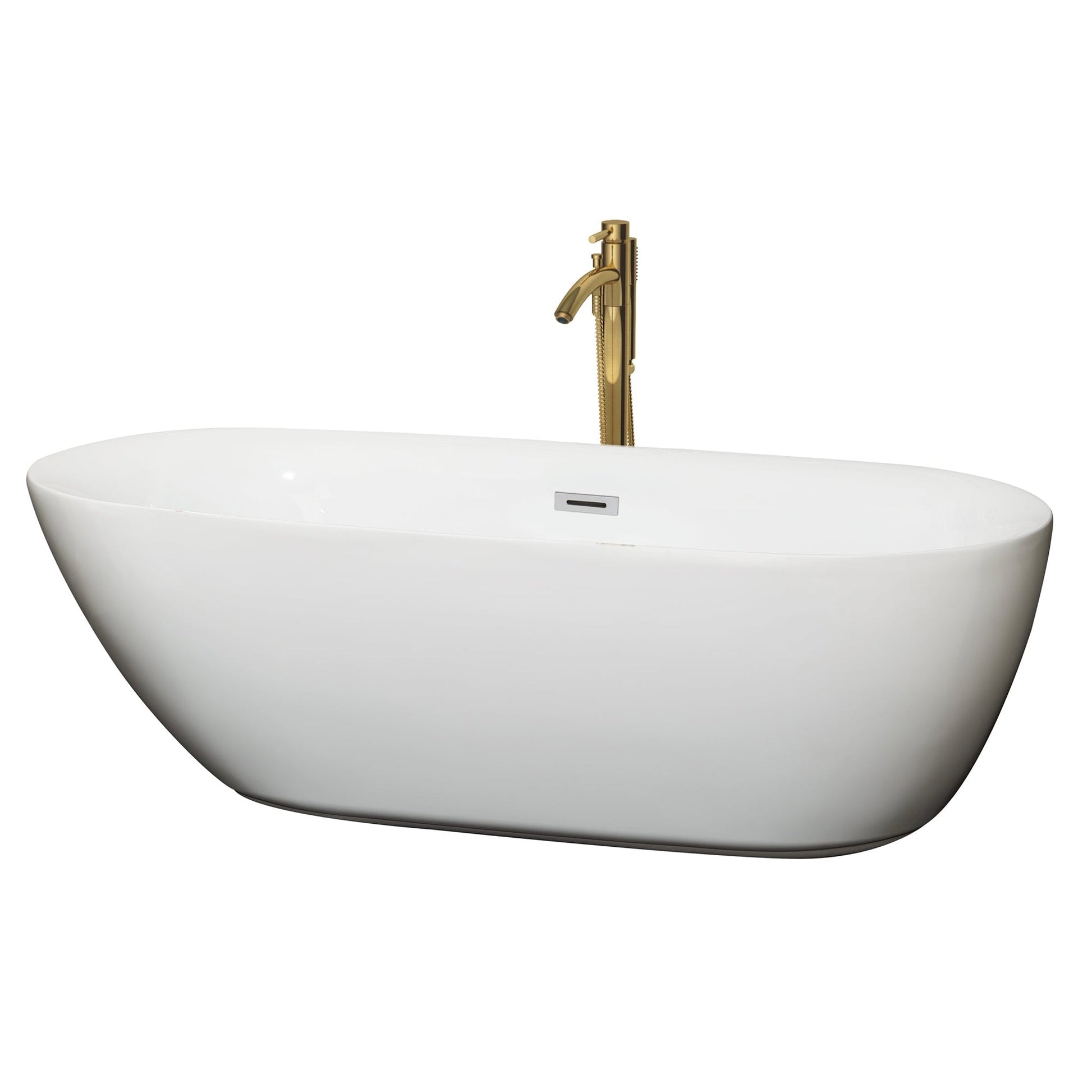 Wyndham Collection Melissa 71" Freestanding Bathtub in White With Polished Chrome Trim and Floor Mounted Faucet in Brushed Gold