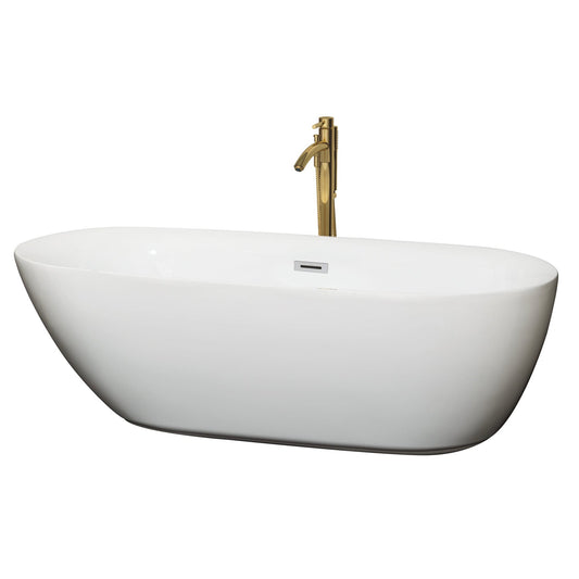Wyndham Collection Melissa 71" Freestanding Bathtub in White With Polished Chrome Trim and Floor Mounted Faucet in Brushed Gold