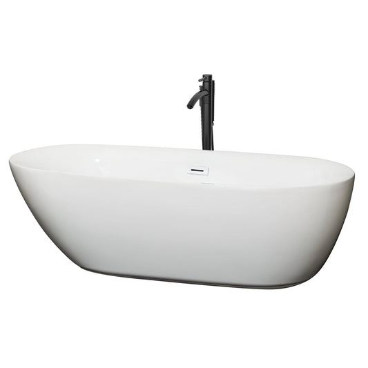 Wyndham Collection Melissa 71" Freestanding Bathtub in White With Shiny White Trim and Floor Mounted Faucet in Matte Black